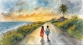 Two children walk hand in hand along a coastal road during sunset Royalty Free Stock Photo